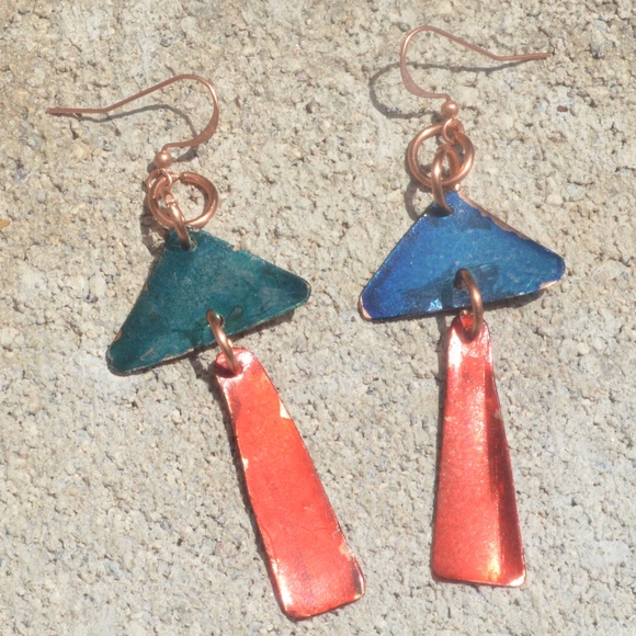 Modernist Geometric Blue Red Dangle Solid Pure Copper Earrings Bohemian Drop - Picture 5 of 5